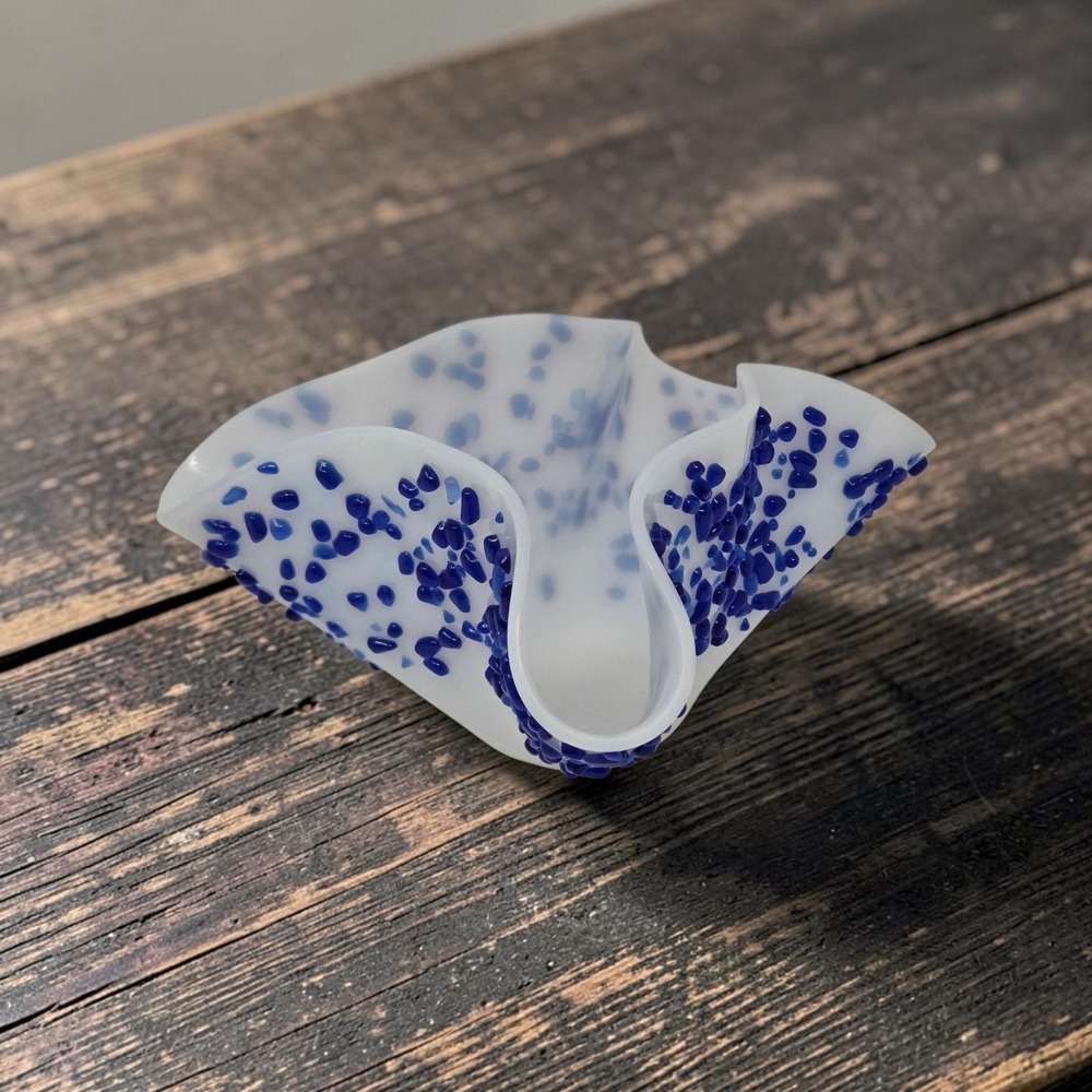 Blue White Confetti Art Glass Handkerchief Bowl Vase Ruffled Hand Blown 9"
